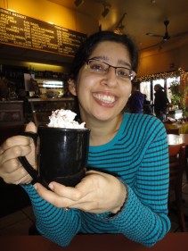 Saira displays her hot chocolate